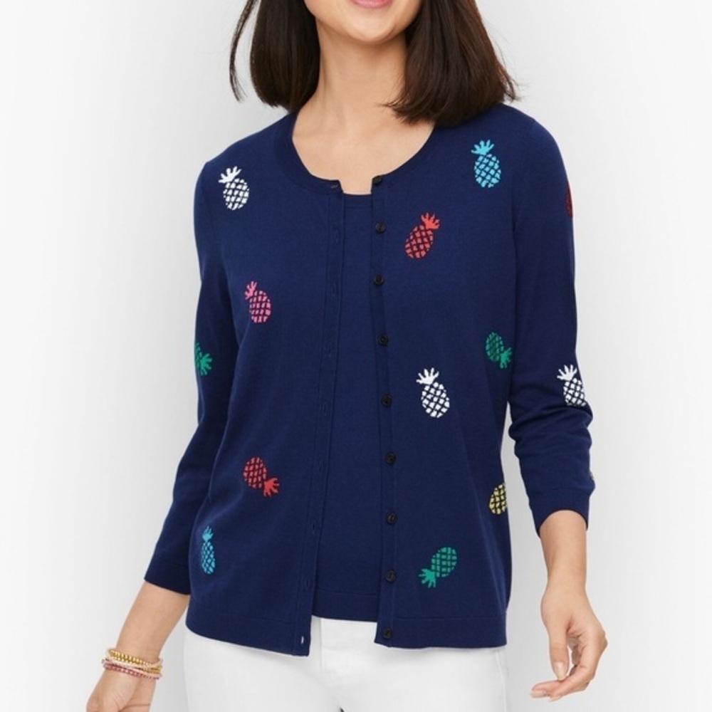 Talbots Navy Blue Colorful Pineapple Cardigan 3/4 Sleeve Button Front Size Large